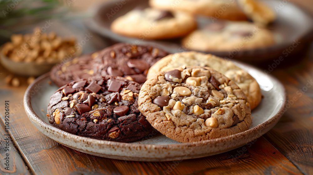 Obraz premium Assorted Homemade Cookies on Rustic Table with Chocolate and Nuts