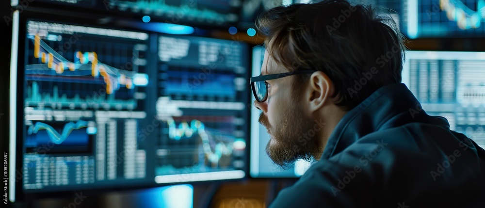 Cryptocurrency Trader Analyzing Stock Market Data on Computer Screen Cryptocurrency Trader Analyzing Stock Market Data on Computer Screen