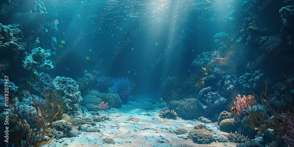 Fototapeta premium Oceanic Adventure: Deep sea blue, aquamarine, and sandy beige create an oceanic adventure theme. This scheme is often used in underwater exploration documentaries