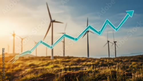Wind Power Growth:  A vibrant upward arrow graph superimposes on a vast field of wind turbines, symbolizing the burgeoning renewable energy industry.