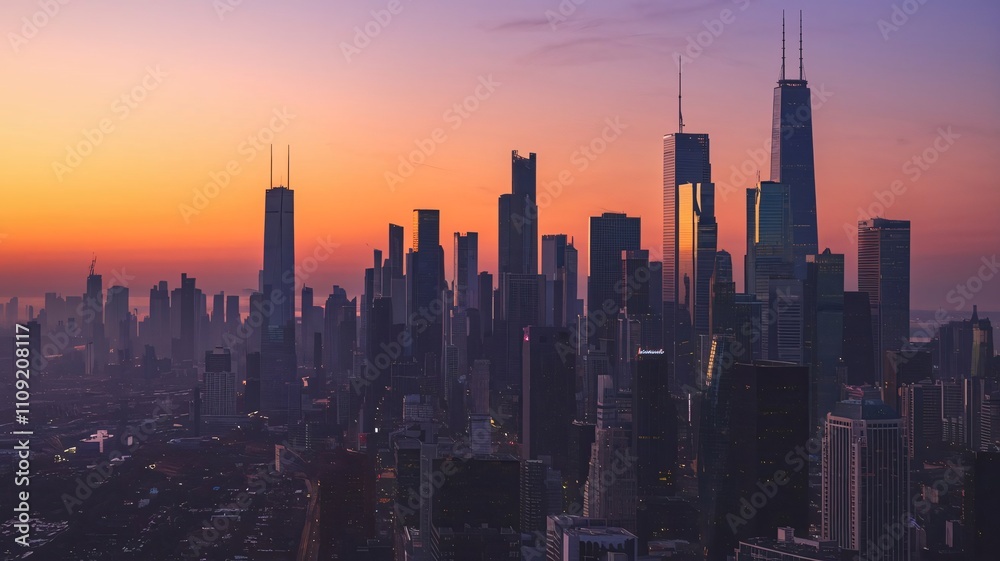 Obraz premium Modern City Skyline Silhouettes at Sunset with Flickering Window Lights