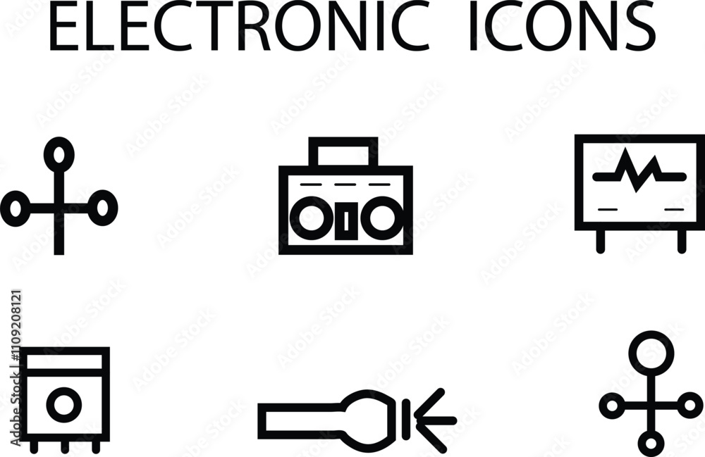 This image displays six simple electronic icons including a circuit, boombox, monitor with waveform, speaker, diode and so on This image displays six simple electronic icons including a circuit, boombox, monitor with waveform, speaker, diode and so on
