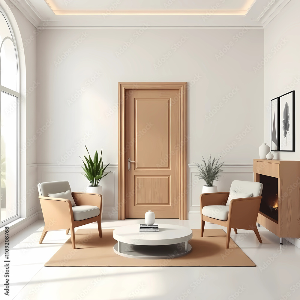 Fototapeta premium Modern living room interior with door and armchairs 3d rendering