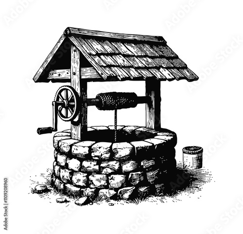 stone water well engraving black and white outline