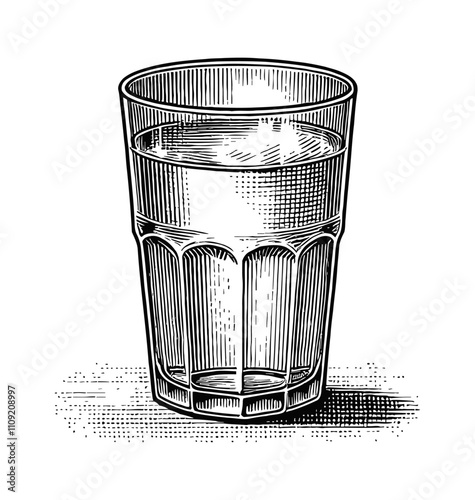 glass of clear water engraving black and white outline