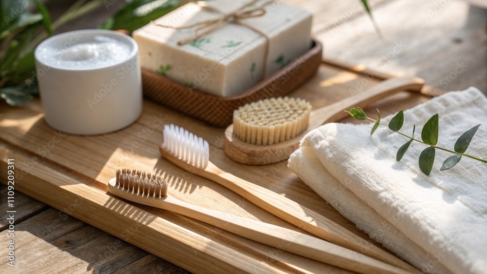 Natural Spa Essentials on Wooden Tray in Minimalist Style Natural Spa Essentials on Wooden Tray in Minimalist Style