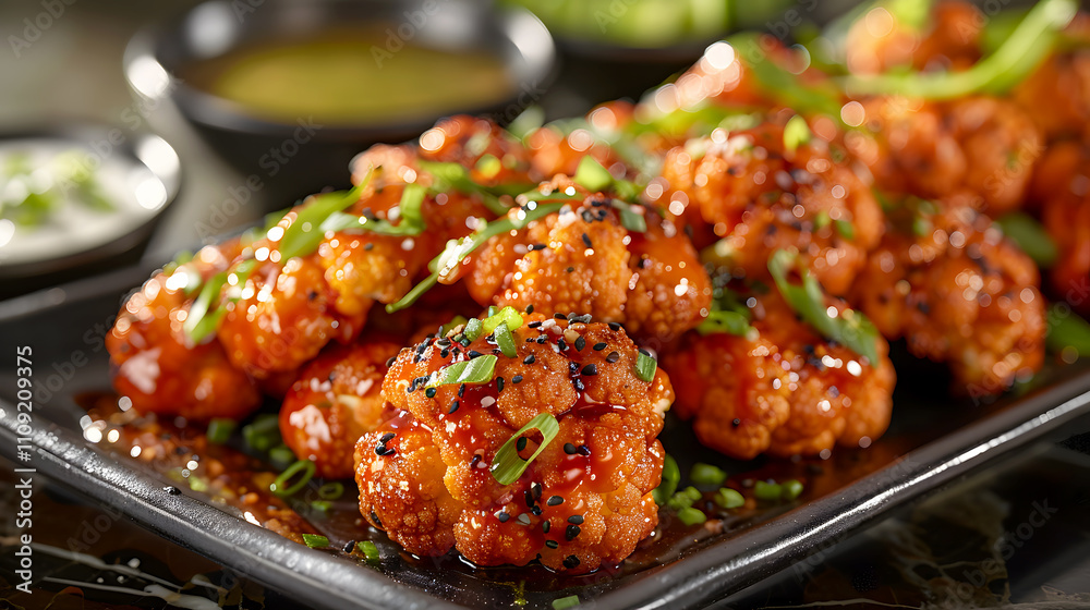 Spicy Cauliflower Bites with Sauce and Garnish on Black Plate Spicy Cauliflower Bites with Sauce and Garnish on Black Plate