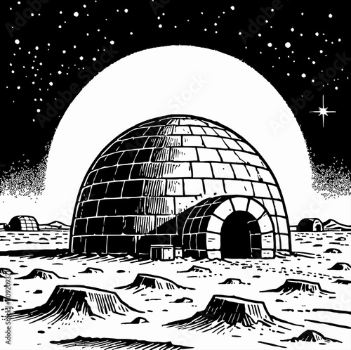 igloo engraving black and white outline