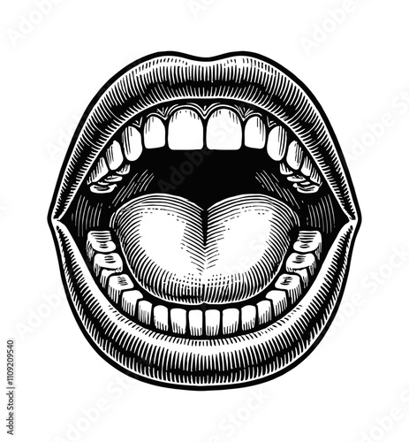 open mouth teeth tongue engraving black and white outline