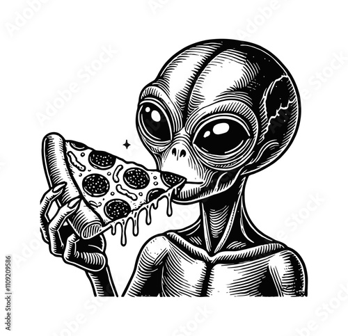 alien eating pizza engraving black and white outline