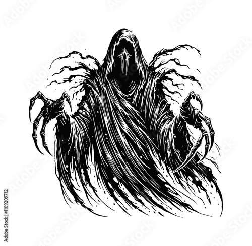 hooded ghost skull engraving black and white outline