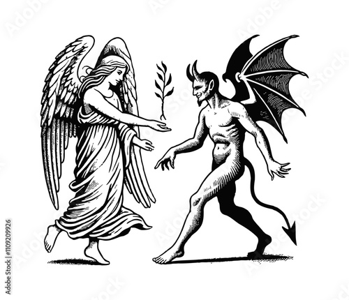 angel holding leaf and demon engraving black and white outline