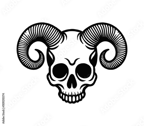 skull horn engraving black and white outline