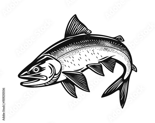 salmon fish engraving black and white outline