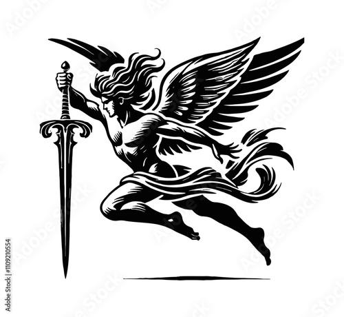 angle fly sword silhouette engraving black and white outline