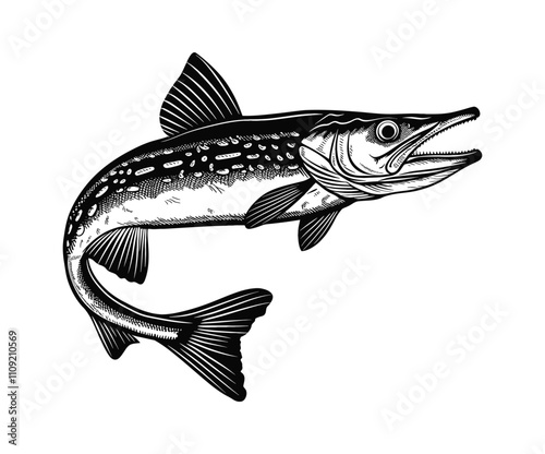 pike fish engraving black and white outline