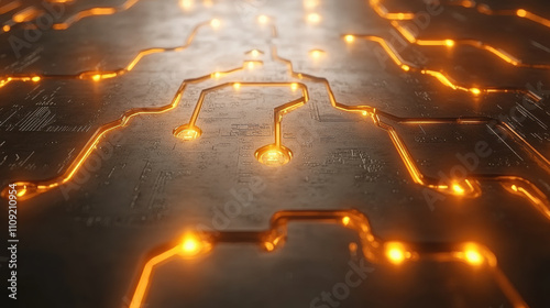 Network firewall, A close-up view of a circuit board illuminated by warm orange lights, showcasing intricate pathways and connections in electronics.