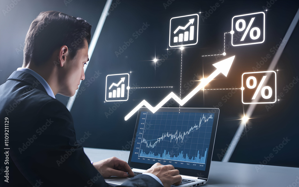 Strategic Growth: A focused businessman analyzes upward trending financial graphs on his laptop, symbolizing strategic planning and market success. Strategic Growth: A focused businessman analyzes upward trending financial graphs on his laptop, symbolizing strategic planning and market success.