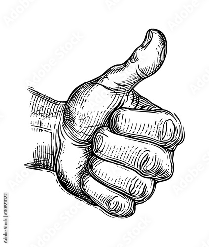 hand thumb up engraving black and white outline