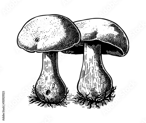 mushroom boletus engraving black and white outline