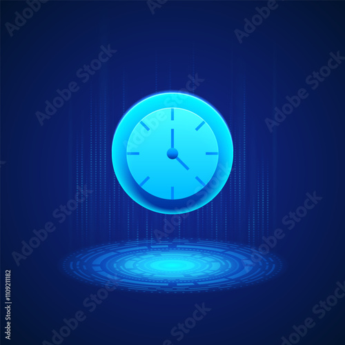 Glowing blue clock icon with simple hour and minute hands floats above a digital platform. The platform features circular and vertical digital patterns, emphasizing a futuristic and tech-driven theme
