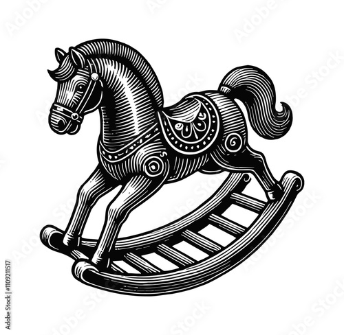 rocking horse toy engraving black and white outline