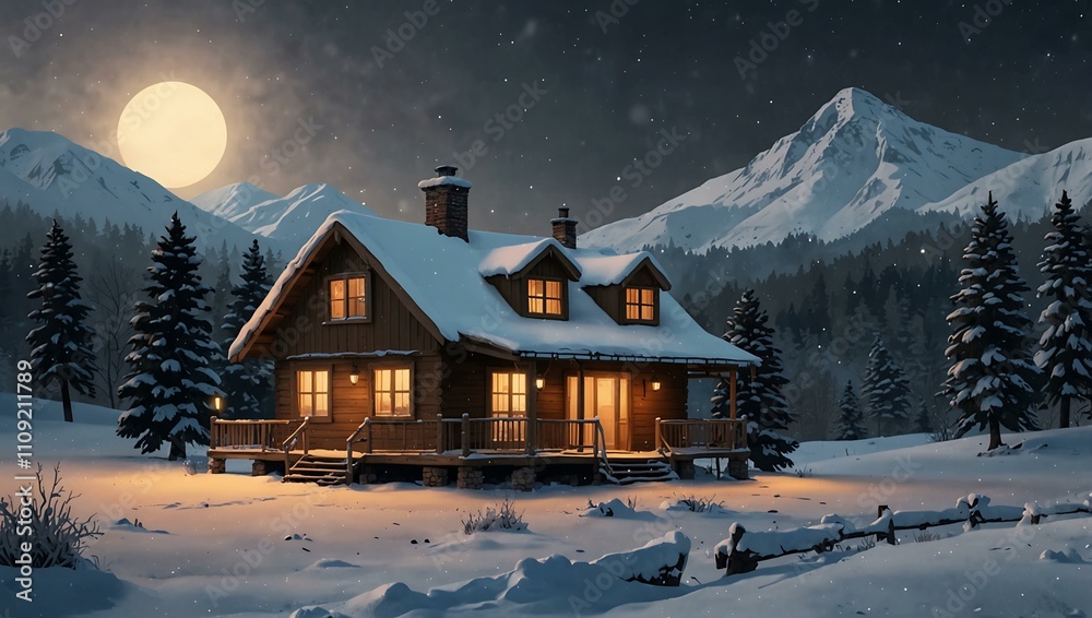 Fototapeta premium Winter scene house illustration, PNG.