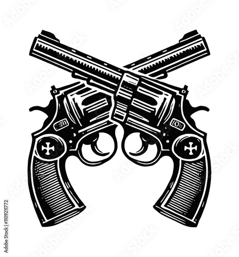 crossed gun revolver engraving black and white outline