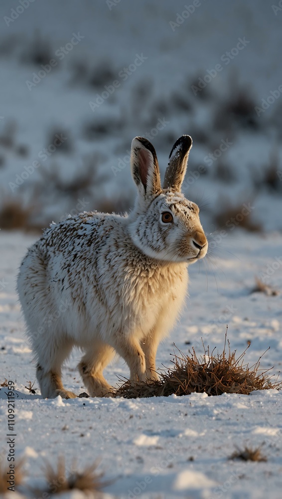 Fototapeta premium Winter scene with a mountain hare in the snow.