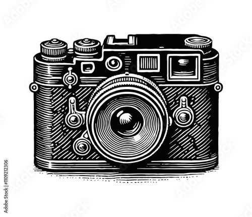 retro camera engraving black and white outline