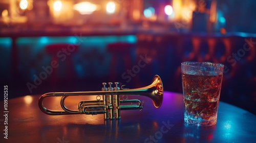 A golden trumpet rests elegantly on a bar table beside a glass of whiskey. A cozy ambiance and soft lighting create a perfect mood. Generative AI photo