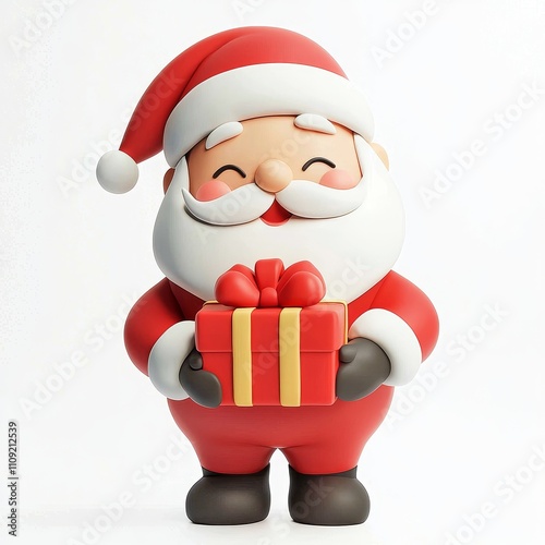 Cheerful Santa Clause Holding a Wrapped Christmas Gift in Clay Like Finish