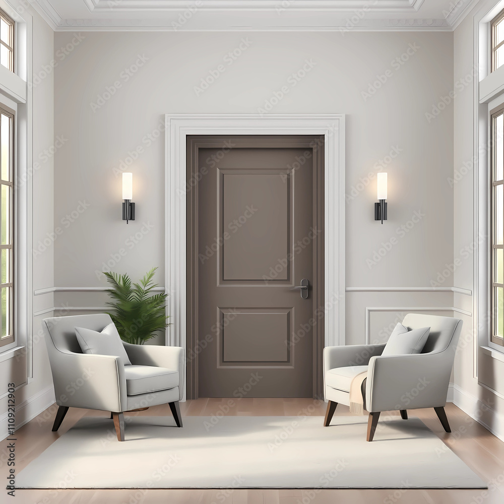 Fototapeta premium Modern living room interior with door and armchairs 3d rendering