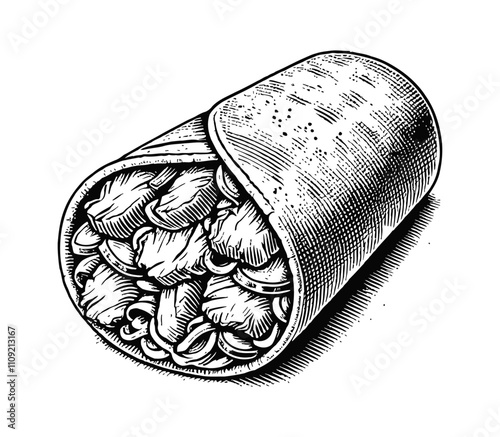 shawarma doner kebab engraving black and white outline
