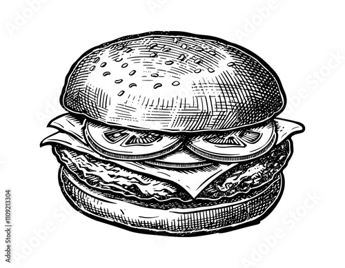 burger engraving black and white outline