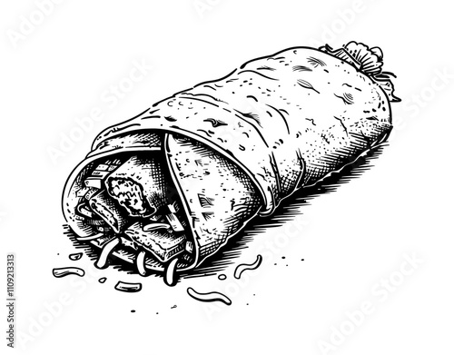 burito engraving black and white outline