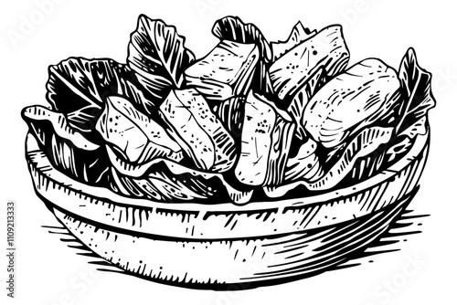 caesar salad with chicken engraving black and white outline