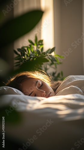 Woman Sleeping in Cozy Minimalist Bedroom, Soft Morning Sunlight, Calm and Peaceful
 photo