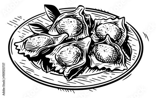 ravioli engraving black and white outline
