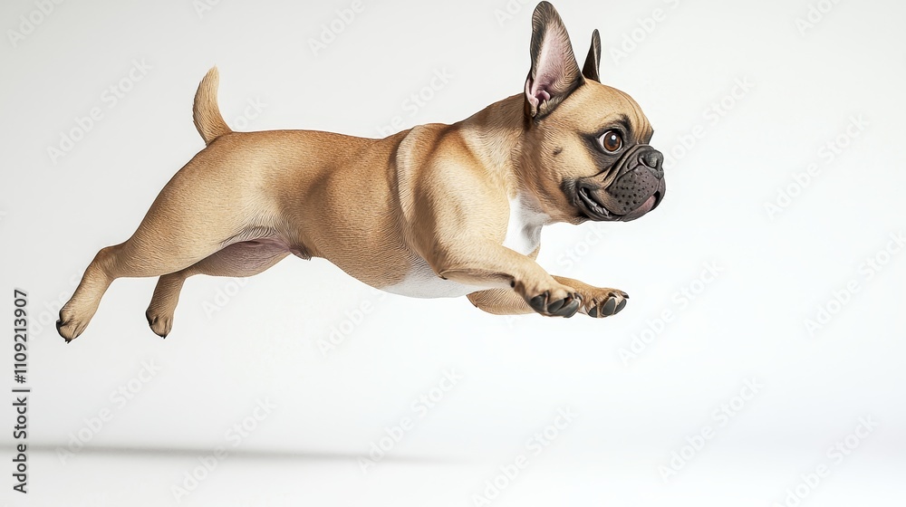 Fototapeta premium Energetic French Bulldog Leaping in Playful Side View on White Background