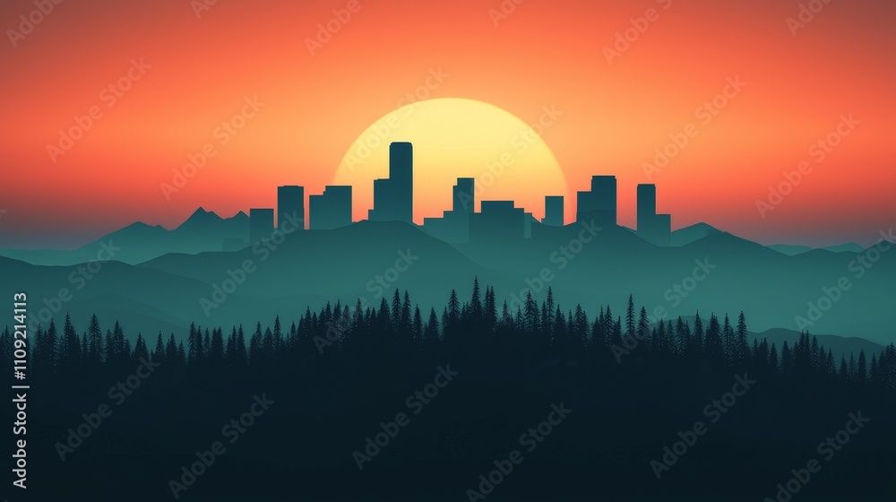 City skyline silhouette at sunset, mountains and forest. City skyline silhouette at sunset, mountains and forest.