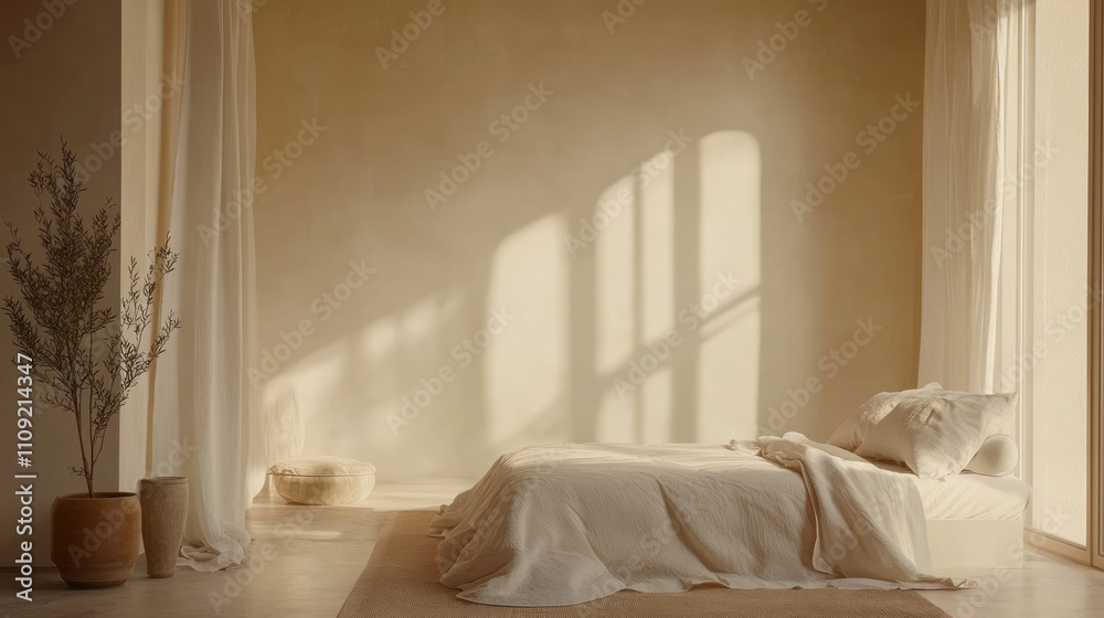 Minimalist bedroom with sunlight, beige walls, linen bedding, and plants.