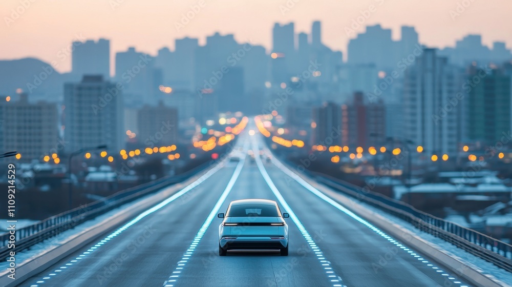 Fototapeta premium Futuristic Electric Car Driving on Empty Highway with City Skyline at Sunset