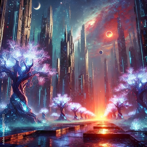 Dreamlight: A Futuristic Realm of Skies and Magical Trees photo