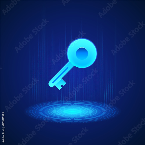 Business icon of a glowing blue key with a circular head and a rectangular shaft, symbolizing access and security. The design is digital and futuristic, modern business contexts