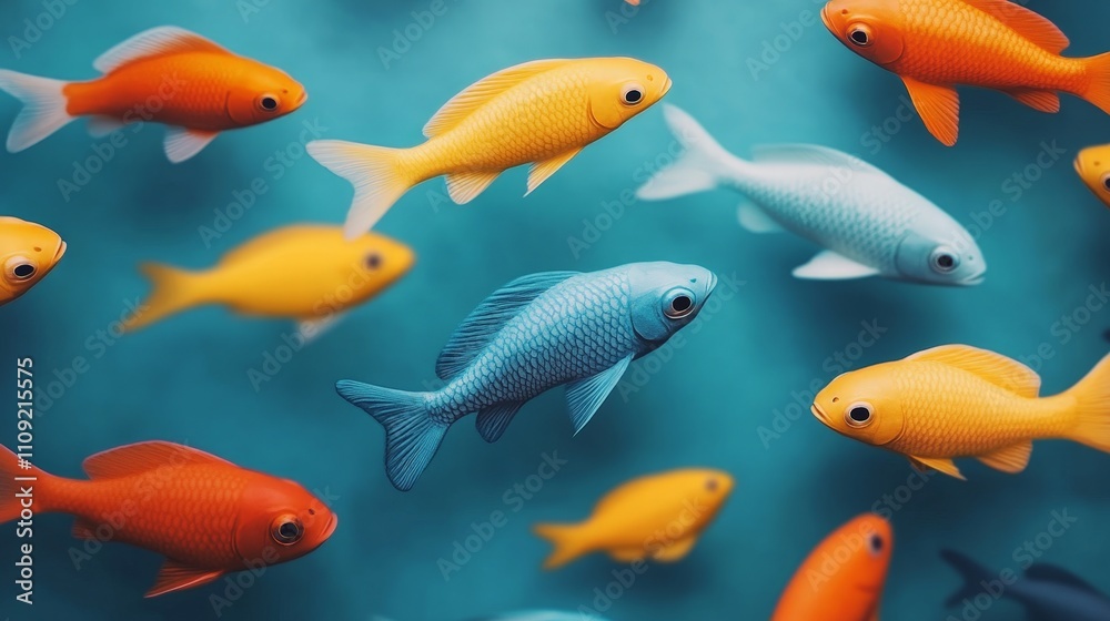 Colorful toy fish swimming on a teal background. Colorful toy fish swimming on a teal background.