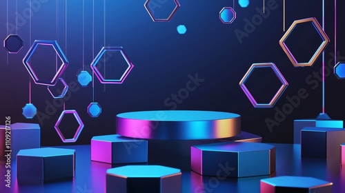 Modern 3D Podium Surrounded by Colorful Hexagons in Empty Space