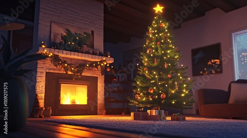 Glowing Christmas tree in a cozy living room setting