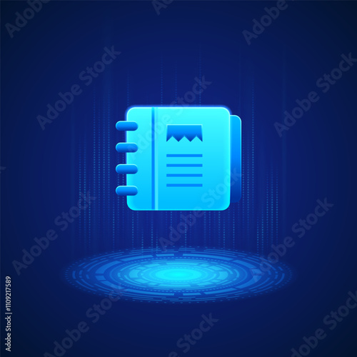 Business icon. Blue notebook with three rings on the left side and a page with a picture and lines on it. The notebook is depicted in a digital, futuristic style