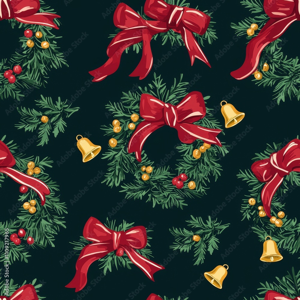 Obraz premium Seamless Pattern with Christmas Wreaths Red Ribbons and Holly